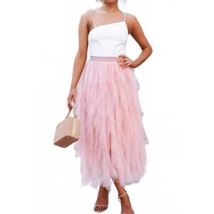 NEW ELINGS a-line long tulle midi skirts in pink